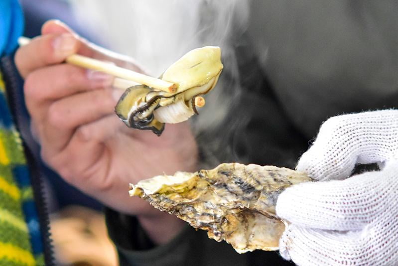 湯気立つ焼き牡蠣の牡蠣を箸で持ち上げている写真.jpg