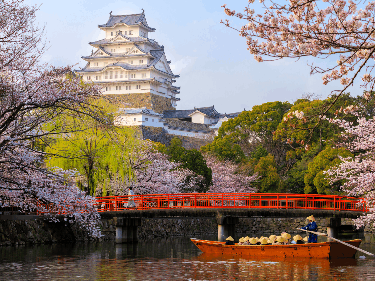 姫路城と桜と和船が写る写真
