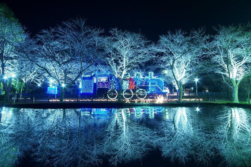 たつの市中川原公園蒸気機関車のライトアップの写真